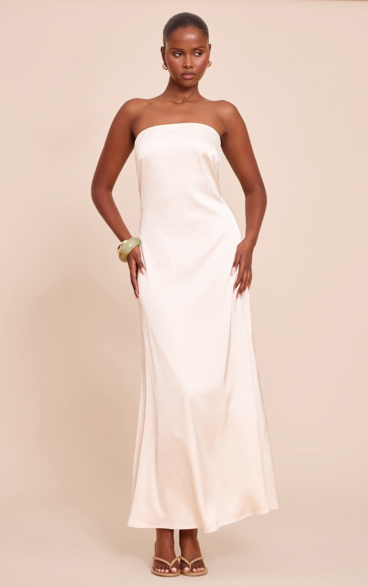 Cream Satin Bandeau Maxi Dress