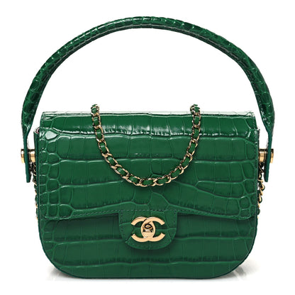 Chanel Calfskin Crocodile Embossed Turn Around Mini Flap Emerald