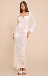 Ecru Flower Applique Long Sleeve Crochet Maxi Dress