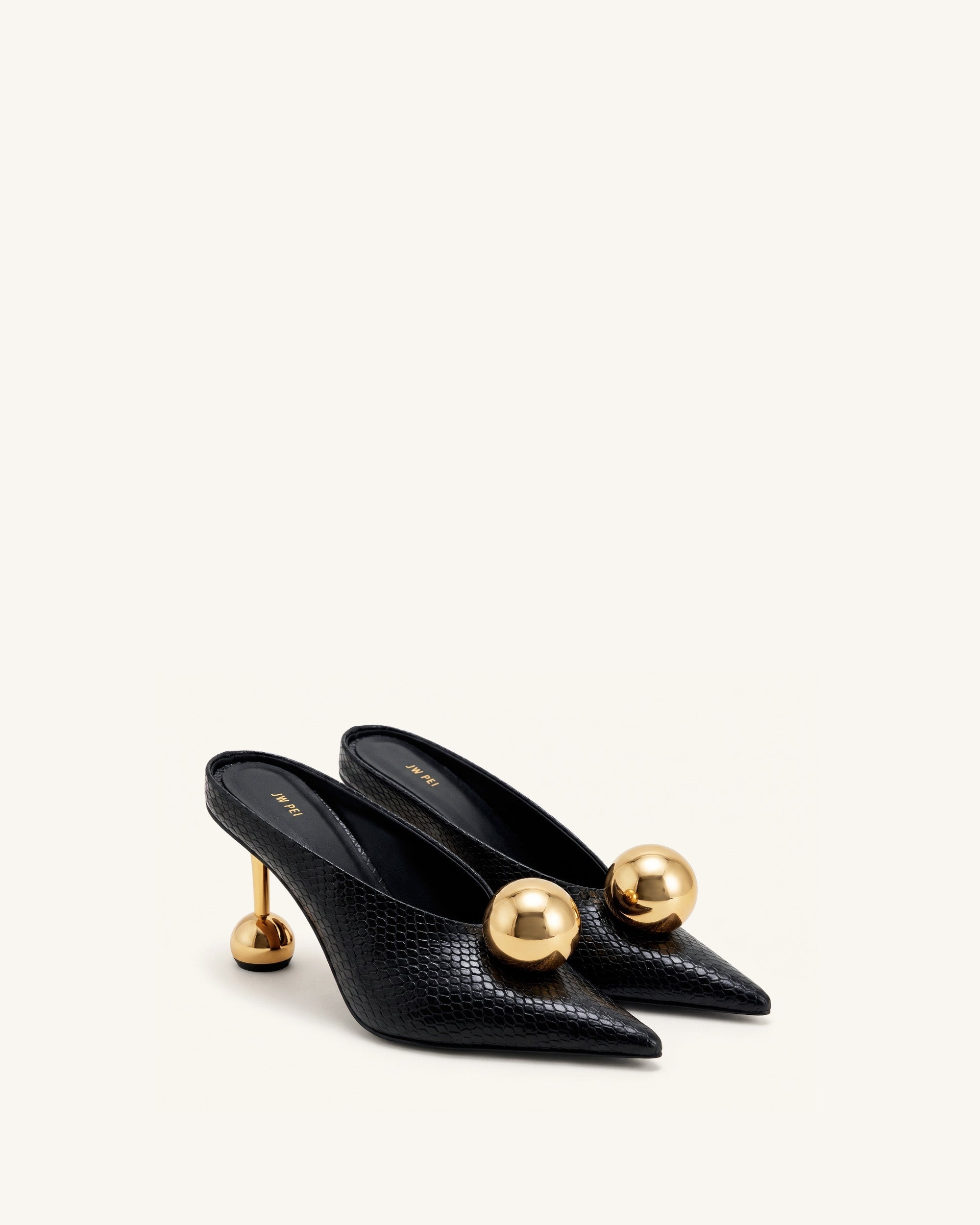 Sofia Angled Vamp Snakeskin Heel Mules - Black