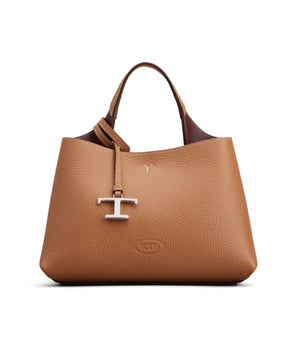 Grained Leather Tote Bag with Logo Pendant