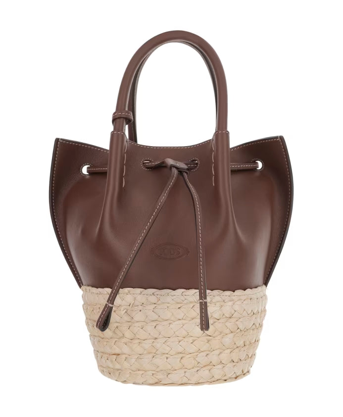 Bucket Bag in Straw and Leather Mini
