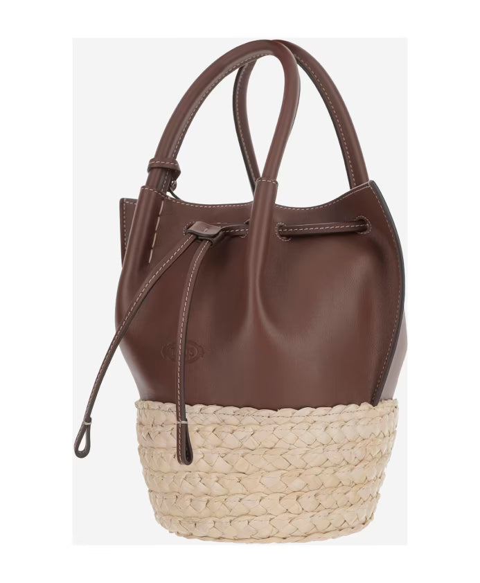 Bucket Bag in Straw and Leather Mini