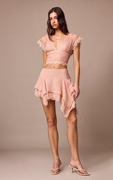 Apricot Chiffon Layered Lace Detail Mini Skirt