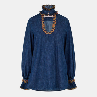 Embroidered Chambray Denim Top