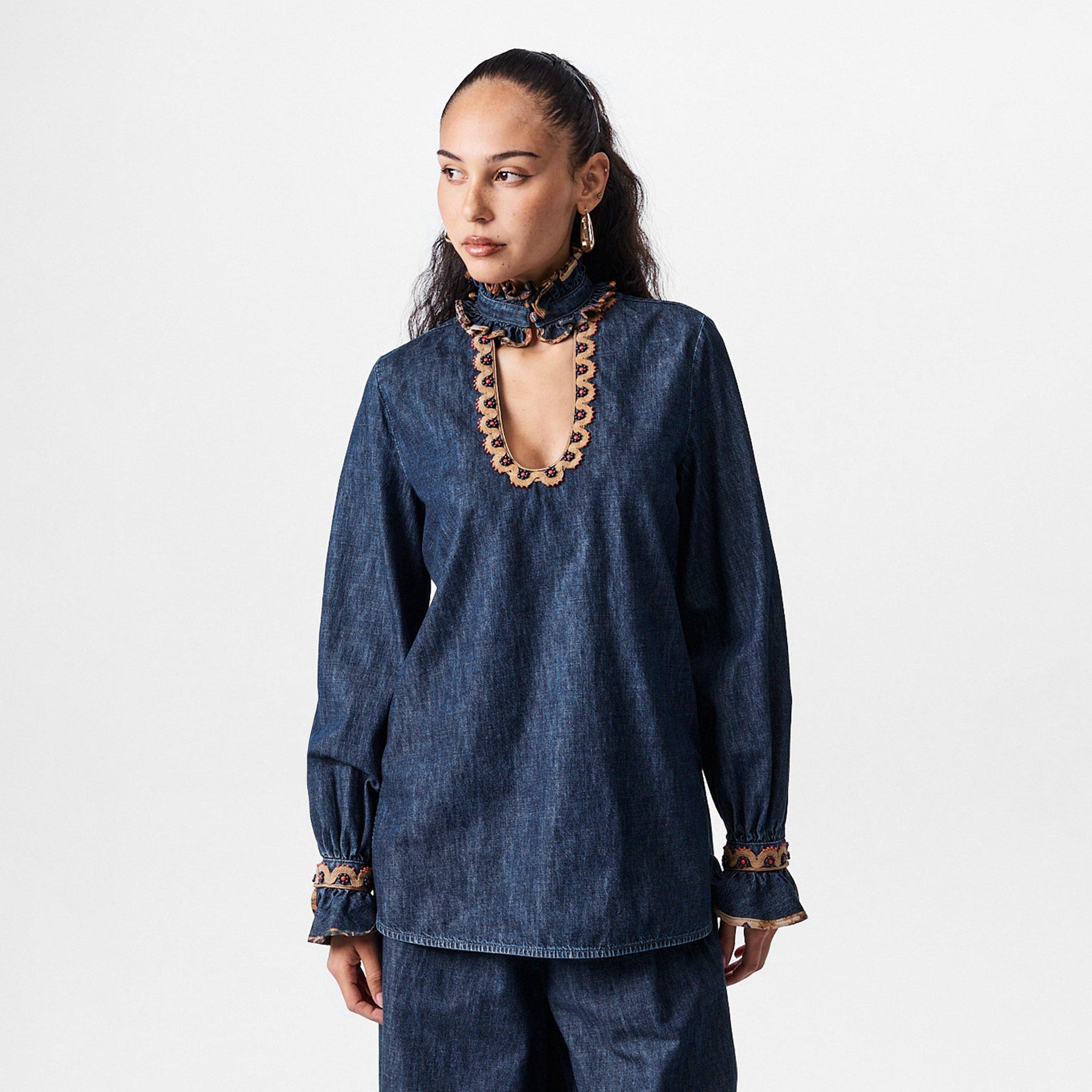 Embroidered Chambray Denim Top