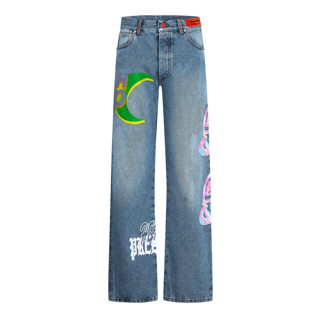 Faded Graffiti Wide Leg Jeans