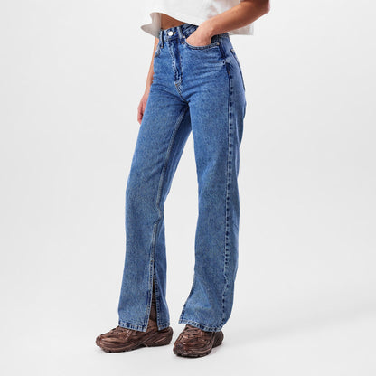 Mid Rise Cotton Full Length Straight Leg Jeans