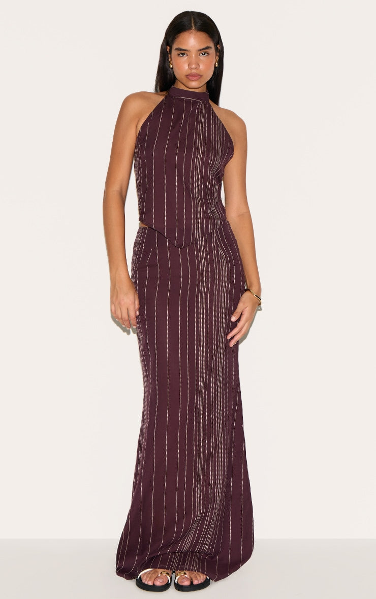 Tall Dark Brown Embroidered Stripe Maxi Skirt