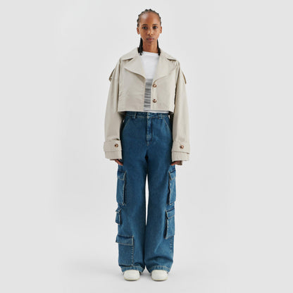 Gaia Water-Repellent Cotton Cropped Long Sleeve Trench Coat