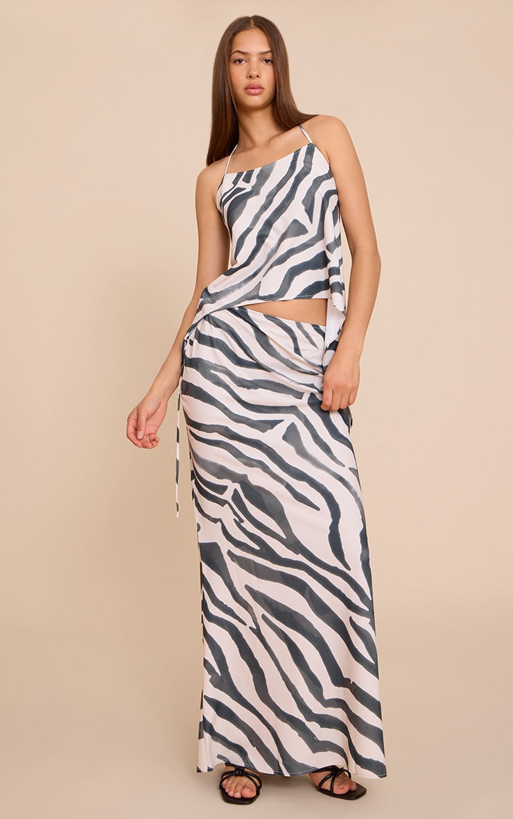 Zebra Print Floaty Woven Tie Side Low Rise Maxi Skirt