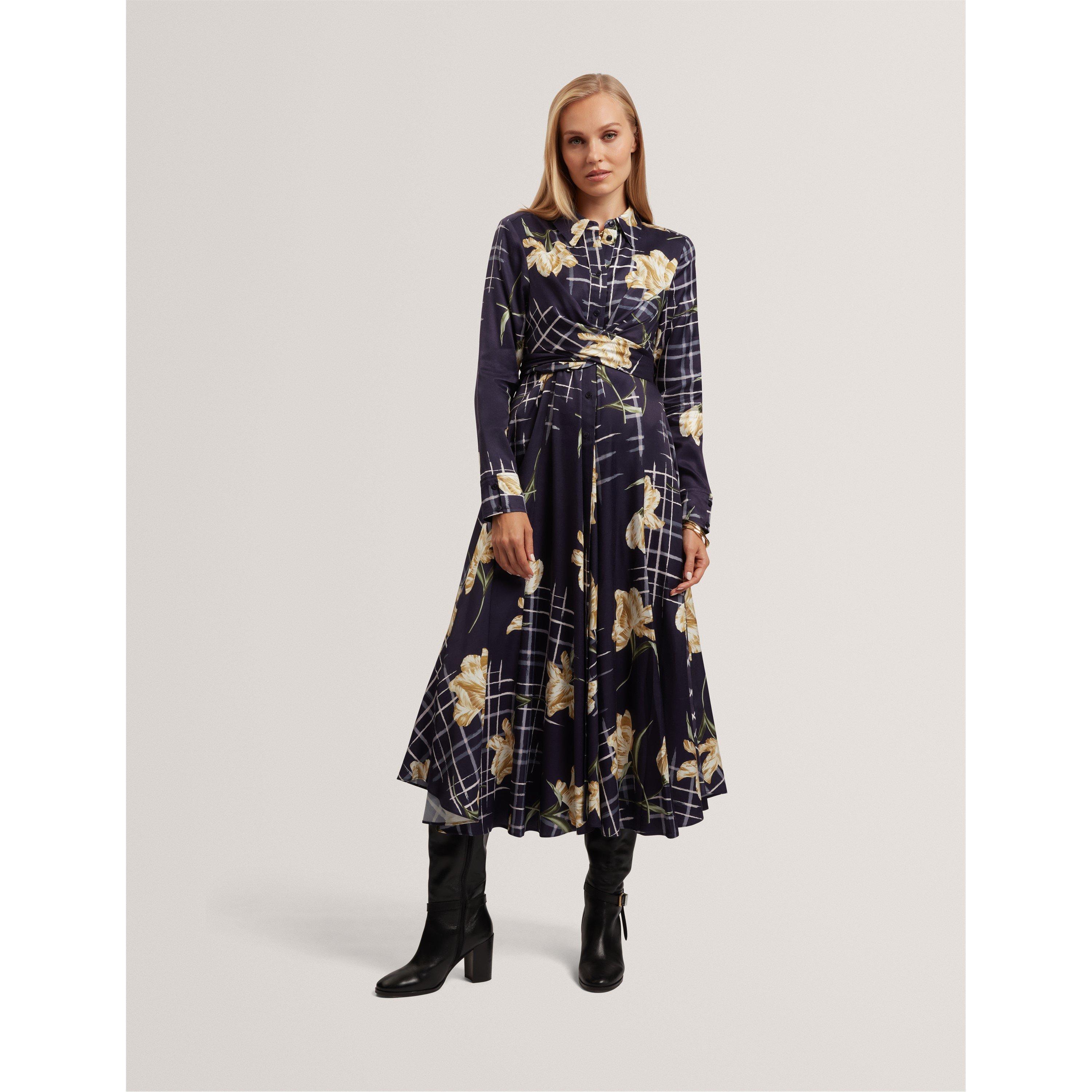 Long Sleeve Print Midi Wrap Dress