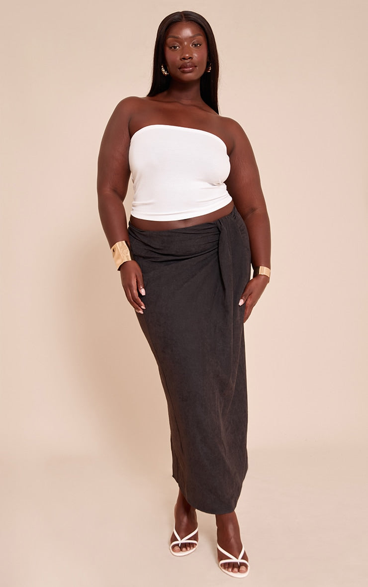 Plus Black Peachskin Drape Front Maxi Skirt