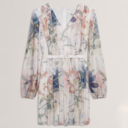 Ted Baker Floral Pleated Long Sleeve Mini Dress