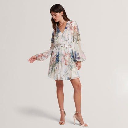 Ted Baker Floral Pleated Long Sleeve Mini Dress