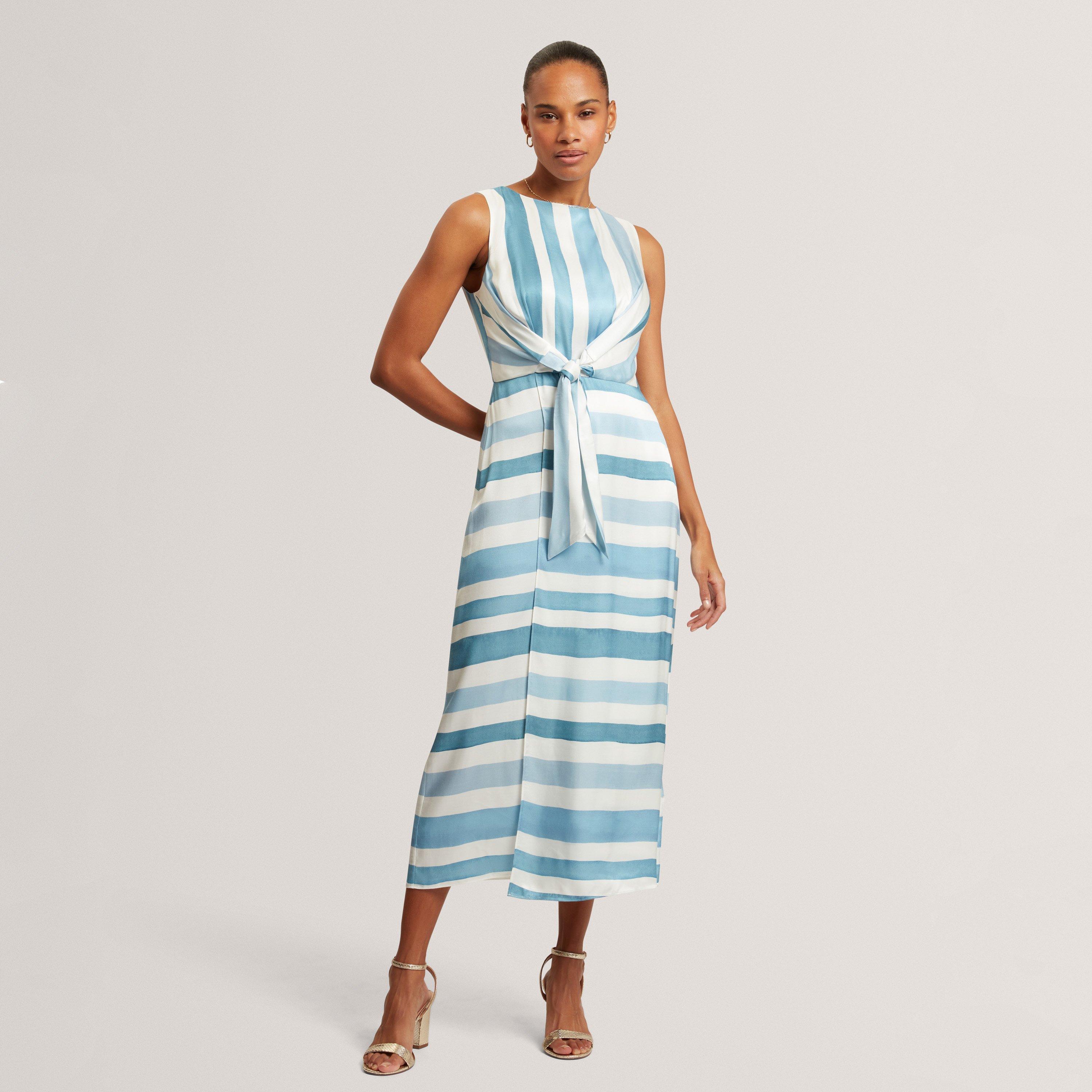 Ted Baker Blue Stripe Tie Front Sleeveless Midi Dress