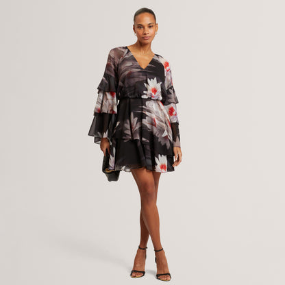 Ted Baker Lily Print Frilled Long Sleeve Mini Dress