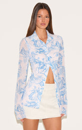 Light Blue Printed Fitted Chiffon Shirt