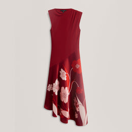Printed Jersey Midi Dress With Satin Skirt