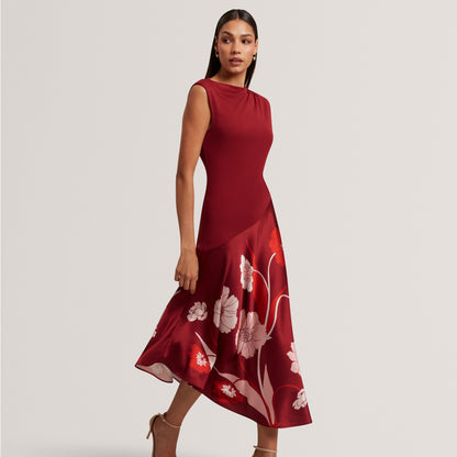Printed Jersey Midi Dress With Satin Skirt