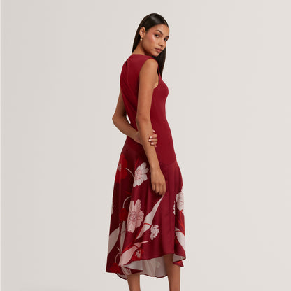 Printed Jersey Midi Dress With Satin Skirt