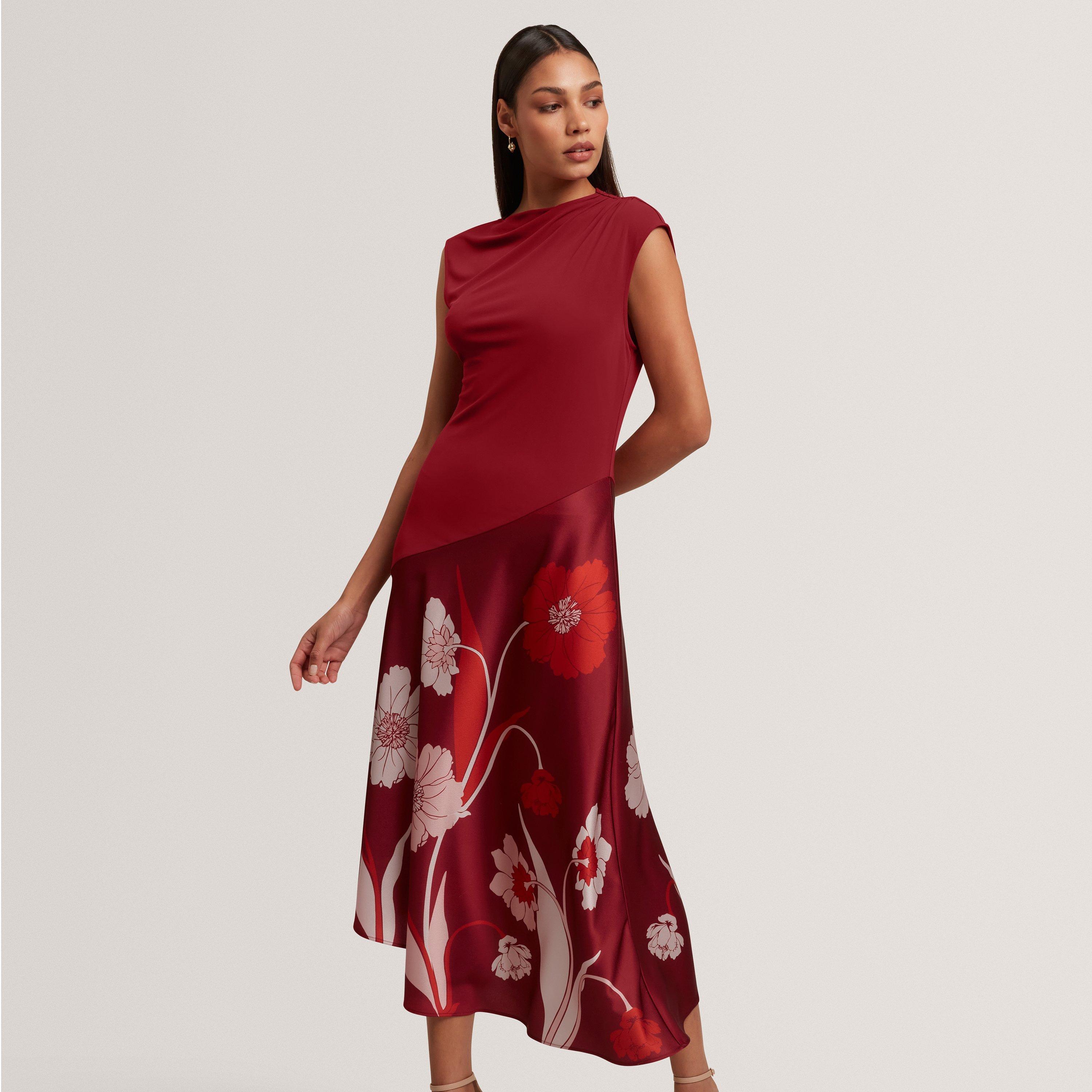 Printed Jersey Midi Dress With Satin Skirt