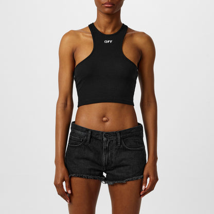 Stamp Cotton Sleeveless Round Neck Crop Top