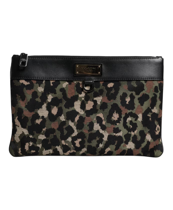 Leopard Jacquard Print Logo Plaque Pouch Bag