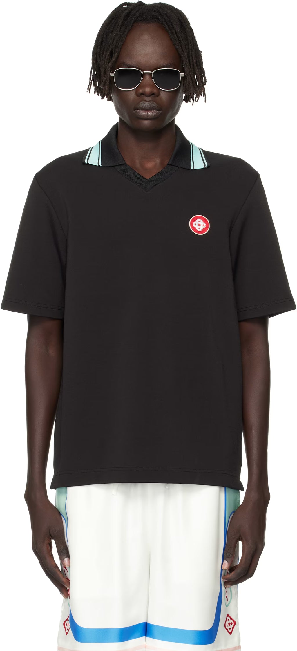 Black Double V-Neck Short Sleeve Polo