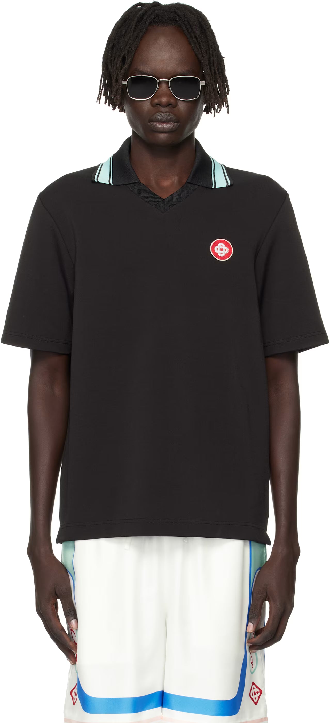 Black Double V-Neck Short Sleeve Polo