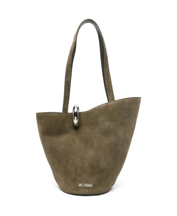Khaki Suede Curved Handbag with Logo