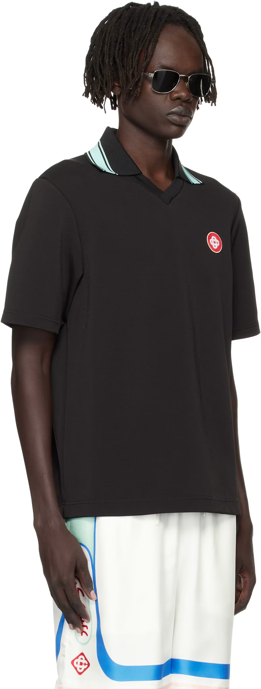 Black Double V-Neck Short Sleeve Polo