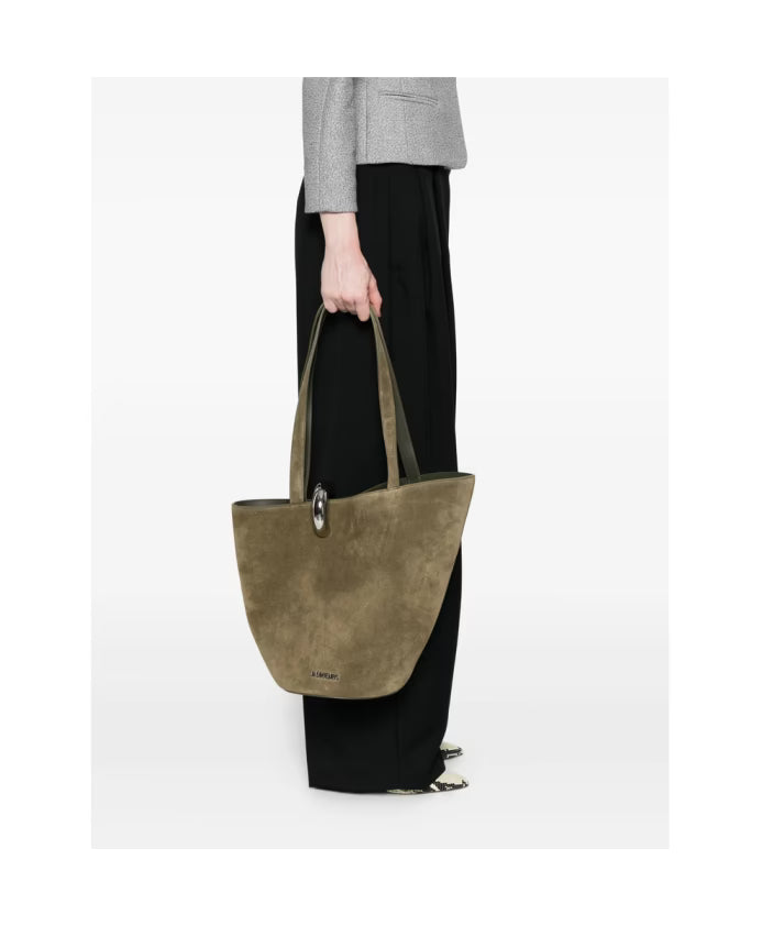 Khaki Suede Curved Handbag with Logo