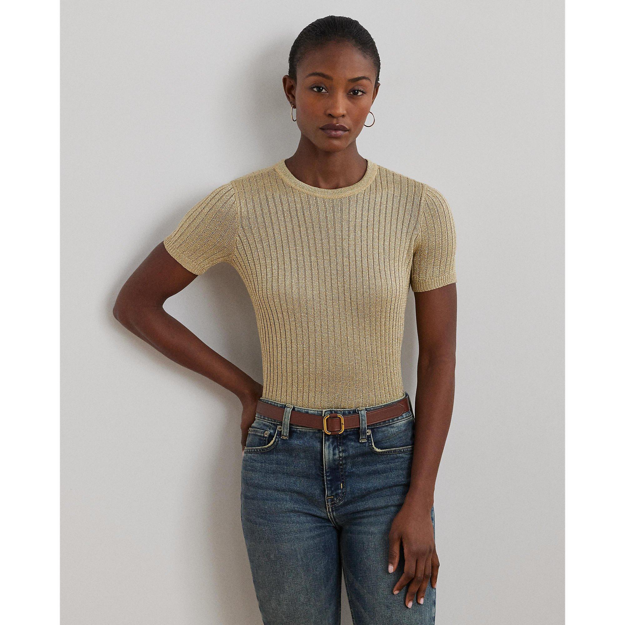 Metallic Rib-Knit Short-Sleeve Jumper