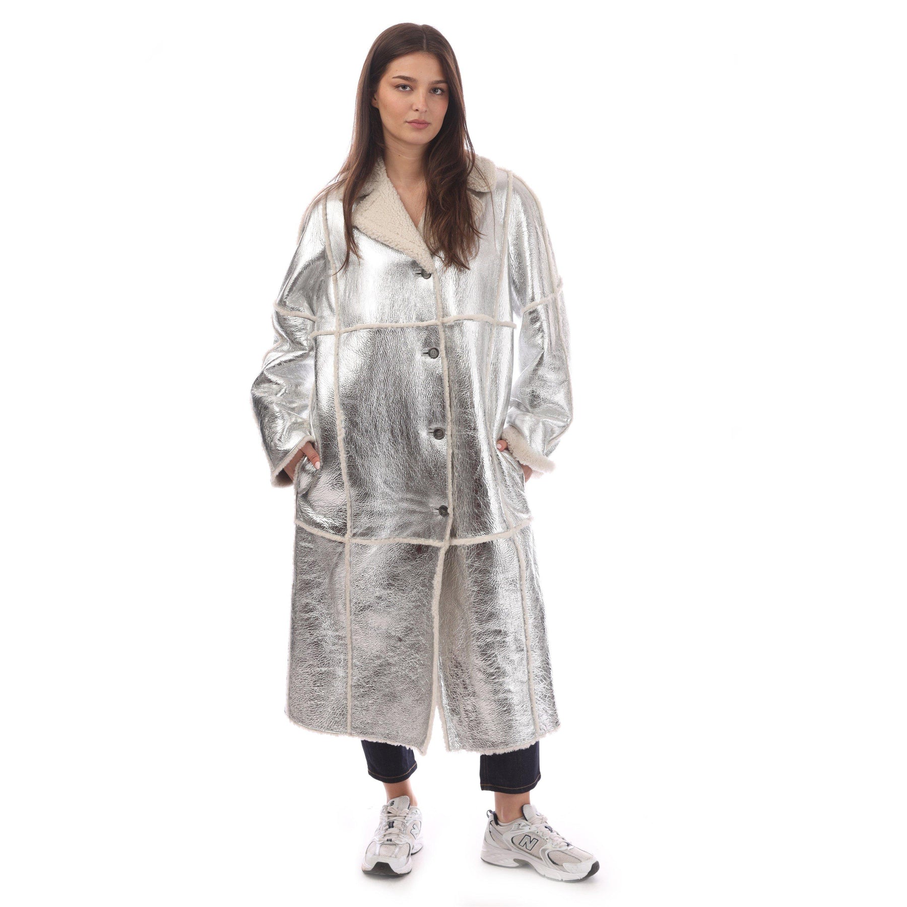 Women's Longline Metallic-Effect Coated Lambskin Coat