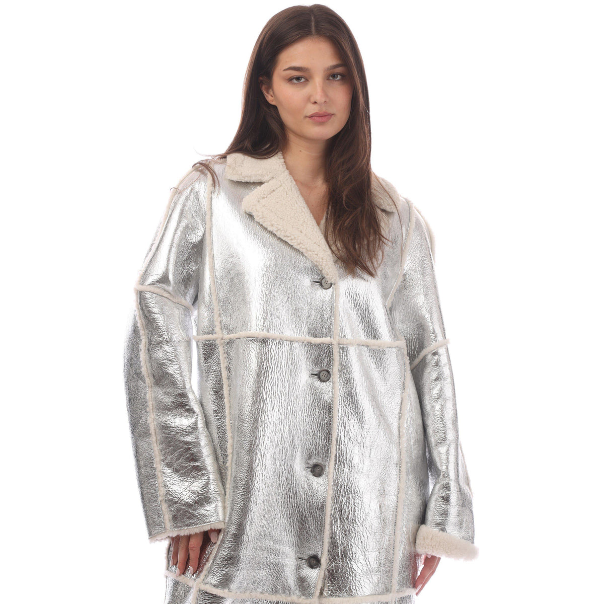 Longline Coat In Metallic-Effect Coated Lambskin