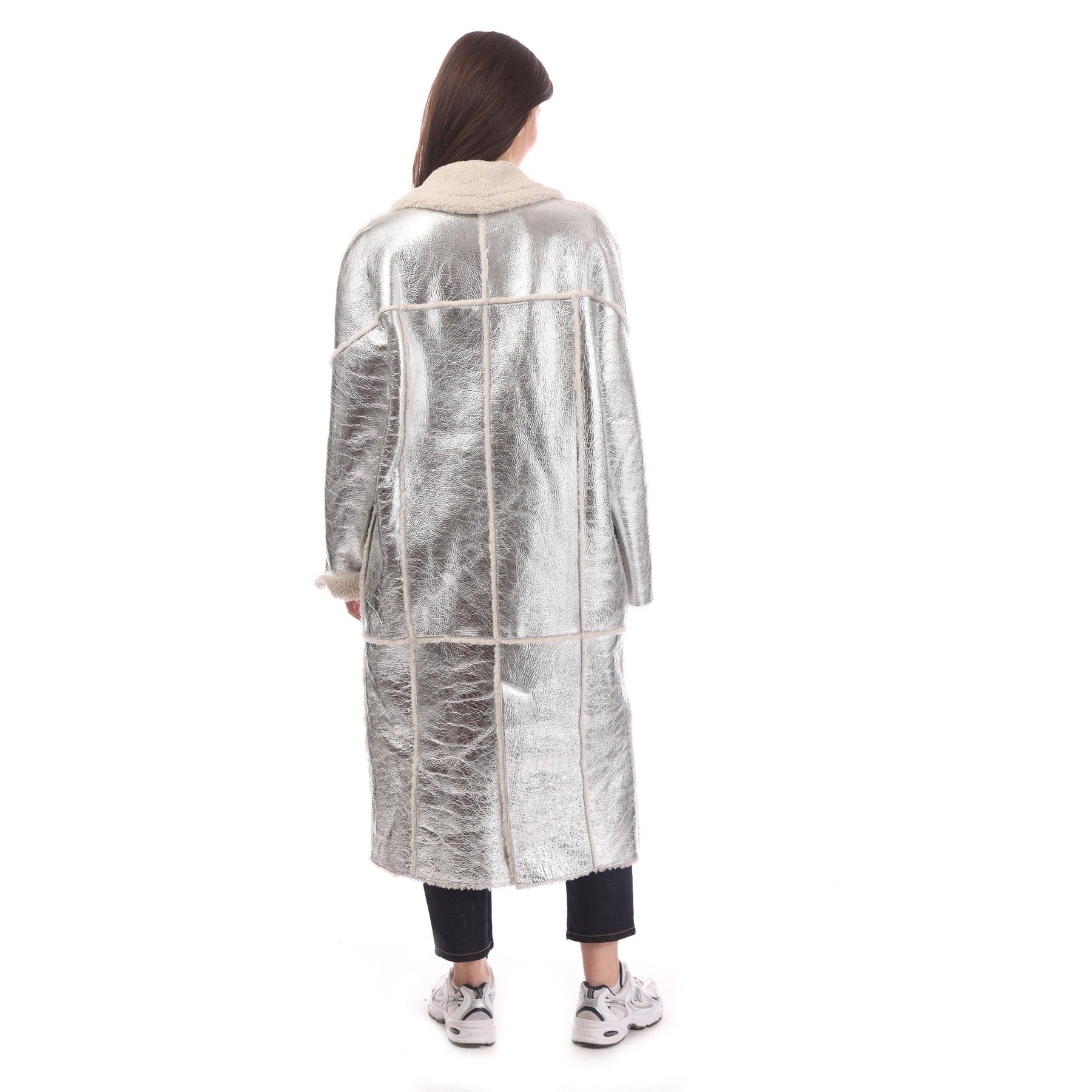 Women's Longline Metallic-Effect Coated Lambskin Coat