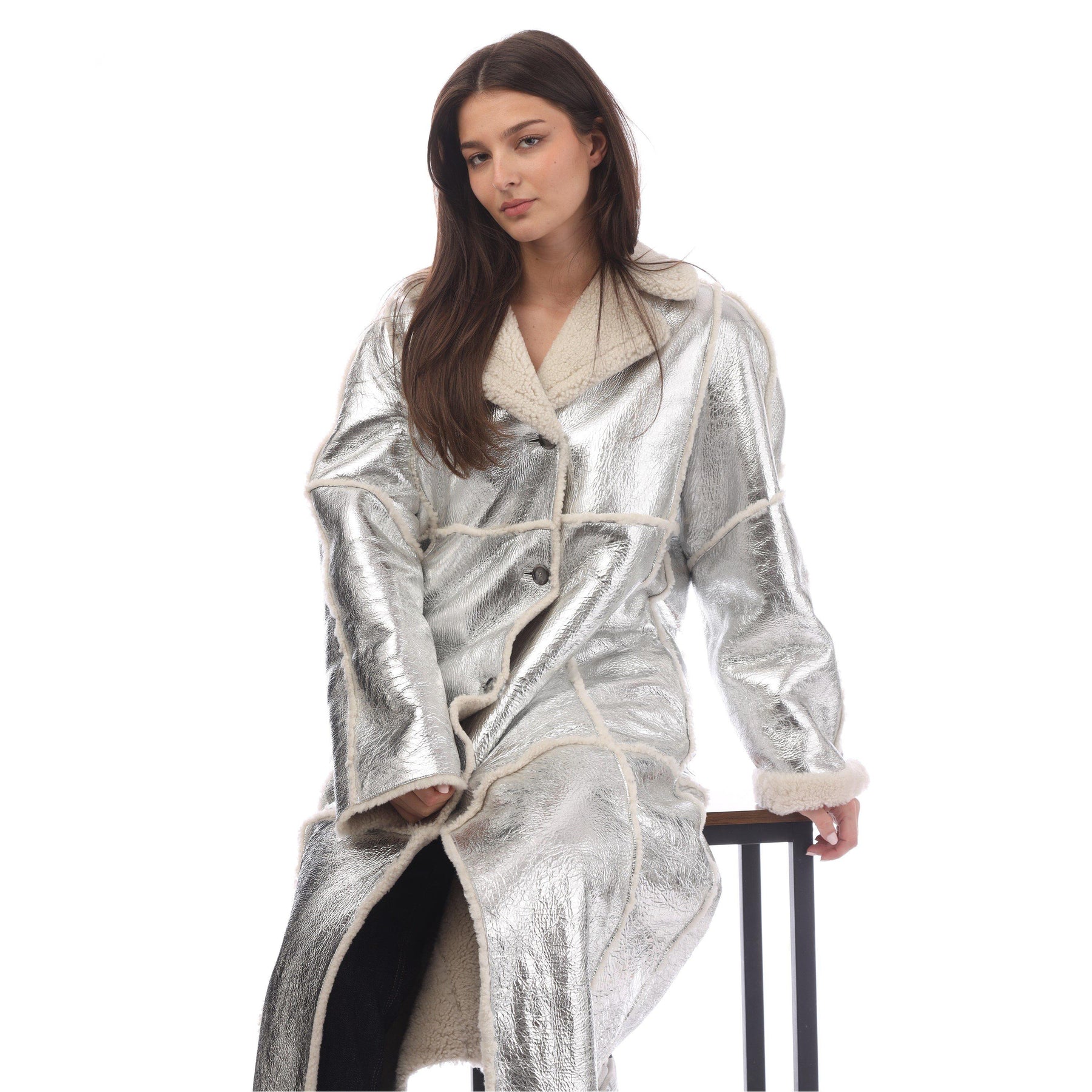 Women's Longline Metallic-Effect Coated Lambskin Coat