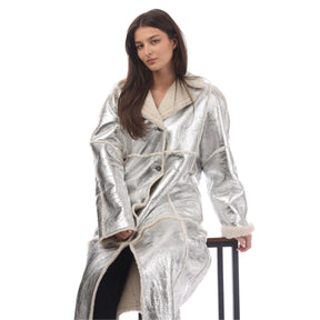 Women's Longline Metallic-Effect Coated Lambskin Coat