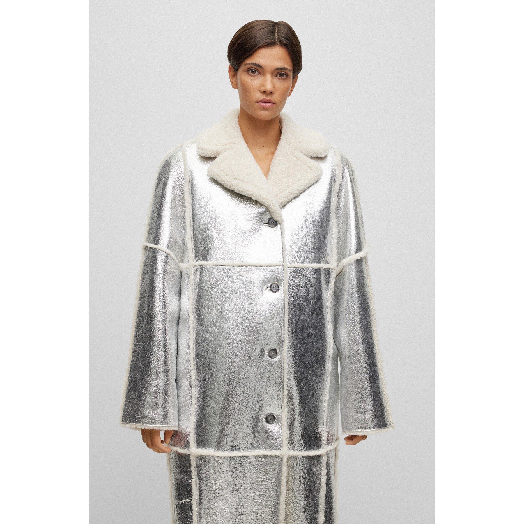 Women's Longline Metallic-Effect Coated Lambskin Coat