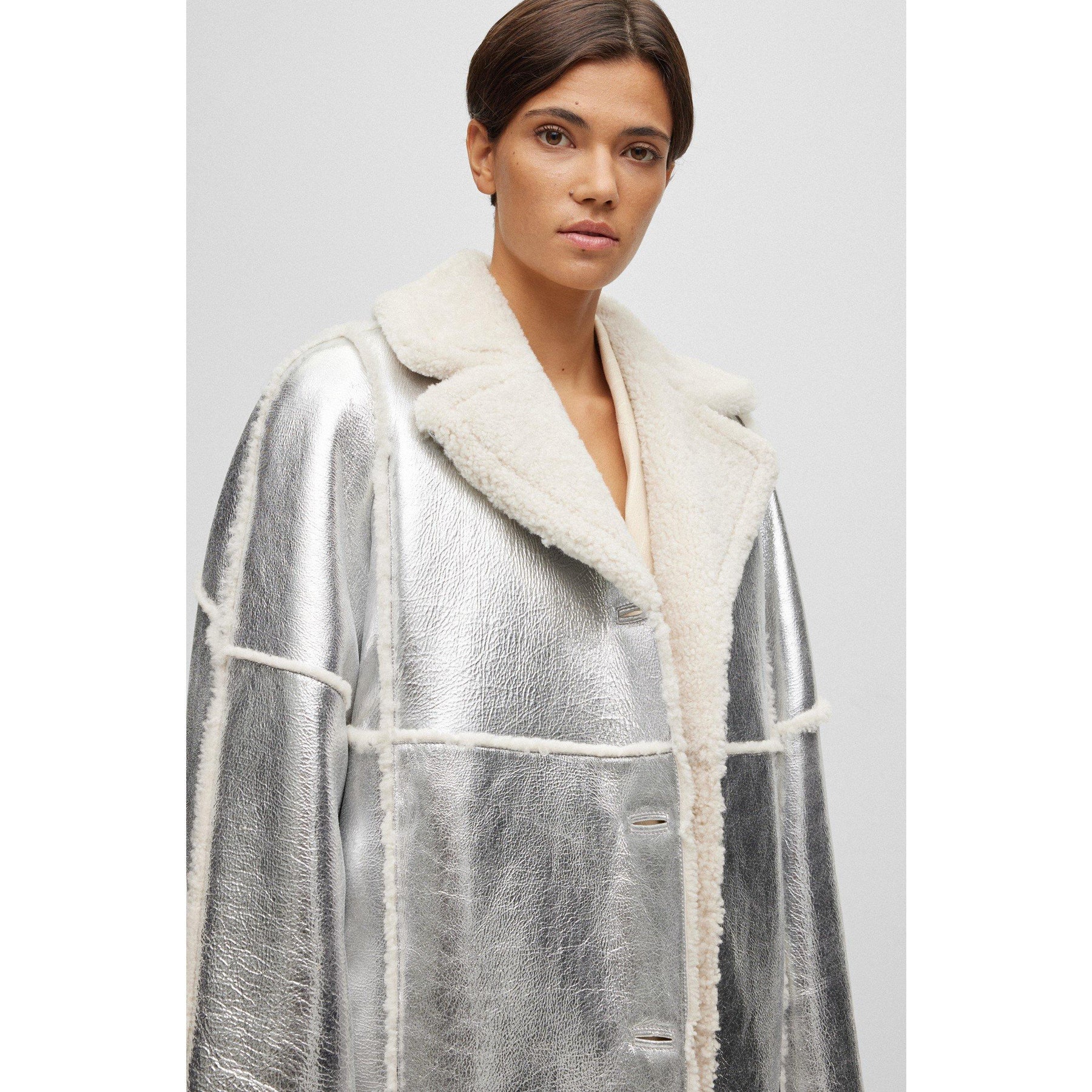 Women's Longline Metallic-Effect Coated Lambskin Coat