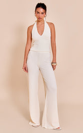 Cream Textured Drawstring Straight Leg Trouser