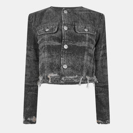 De-Graffy-Fsh Cropped Cotton Long Sleeve Collarless Denim Jacket