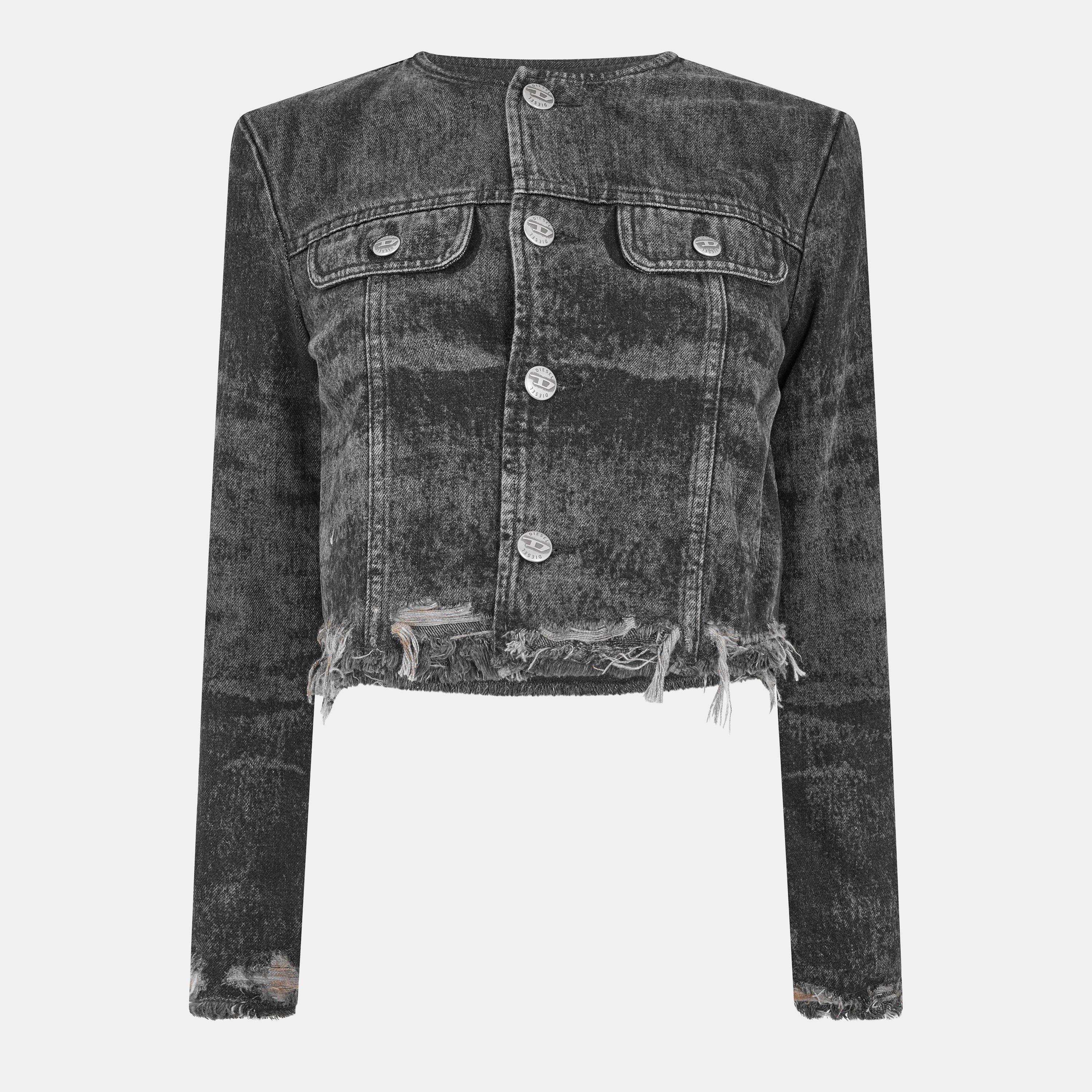 De-Graffy-Fsh Cropped Cotton Long Sleeve Collarless Denim Jacket