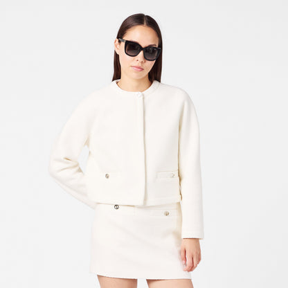 Wool Bouclv© Collarless Long Sleeve Overcoat