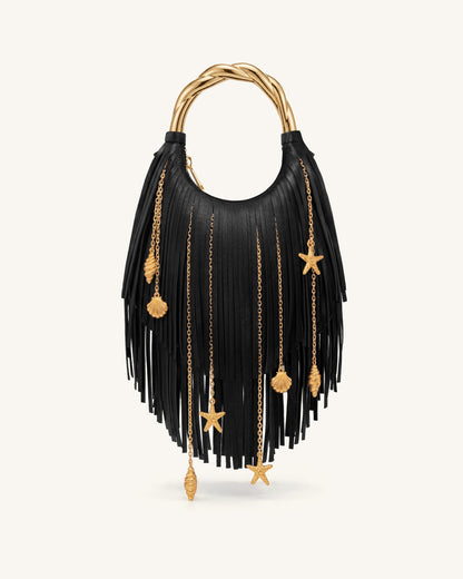 Chloe Metal Handle Fringe Top Handbag - Navy Blue