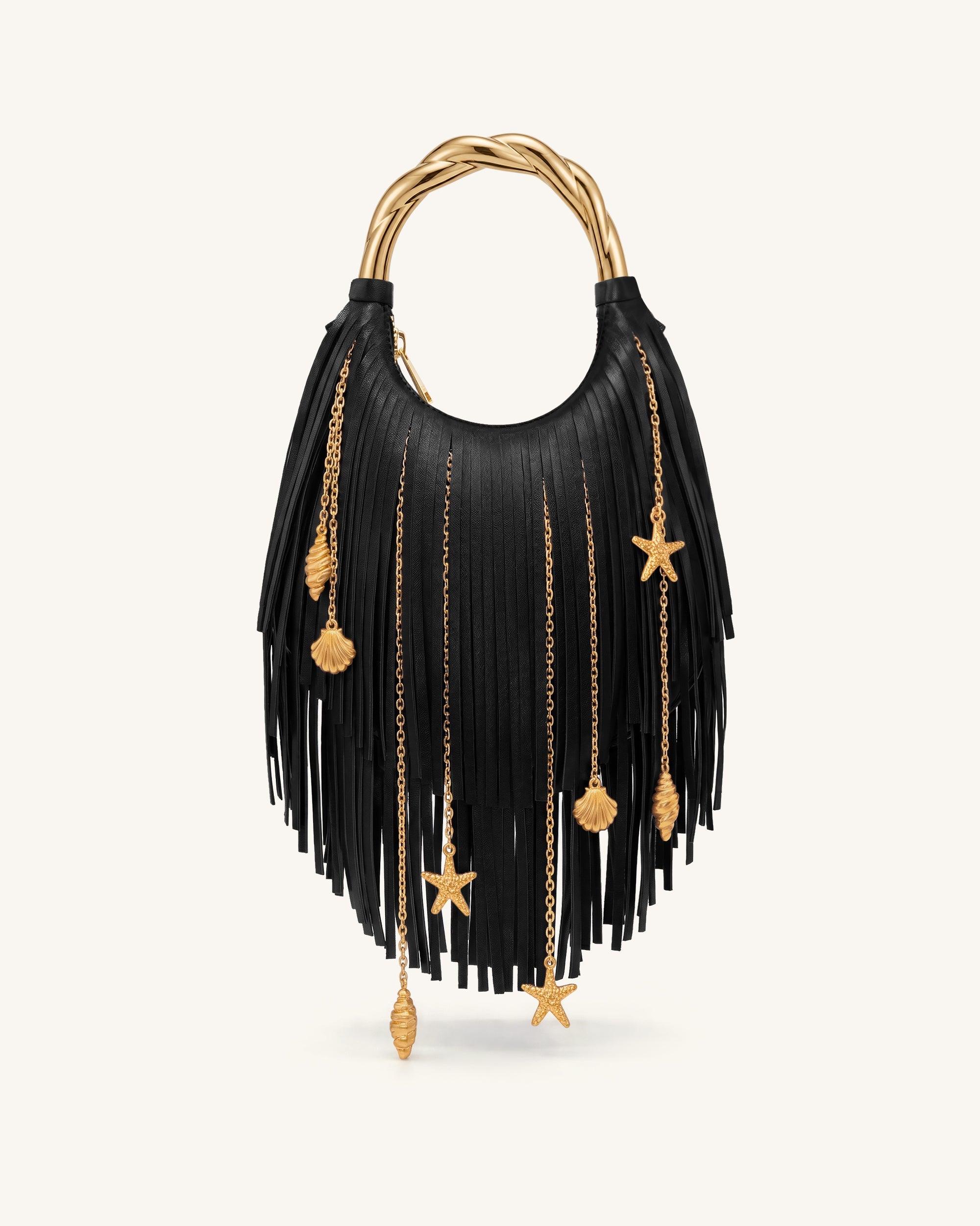 Chloe Metal Handle Fringe Top Handbag - Dark Brown