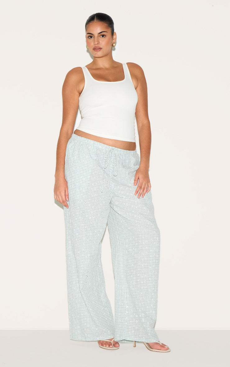 Plus Mint Gingham Broderie Embroidered Straight Leg Trousers