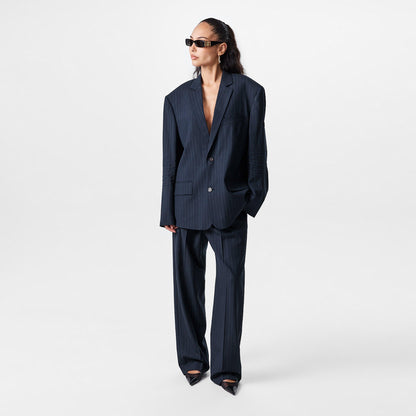 Pinstripe High Rise Relaxed Fit Wide Leg Trousers