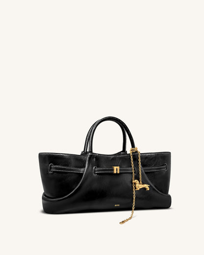 Maeve Dachshund Metal Charm Tote Bag - Black Canvasa